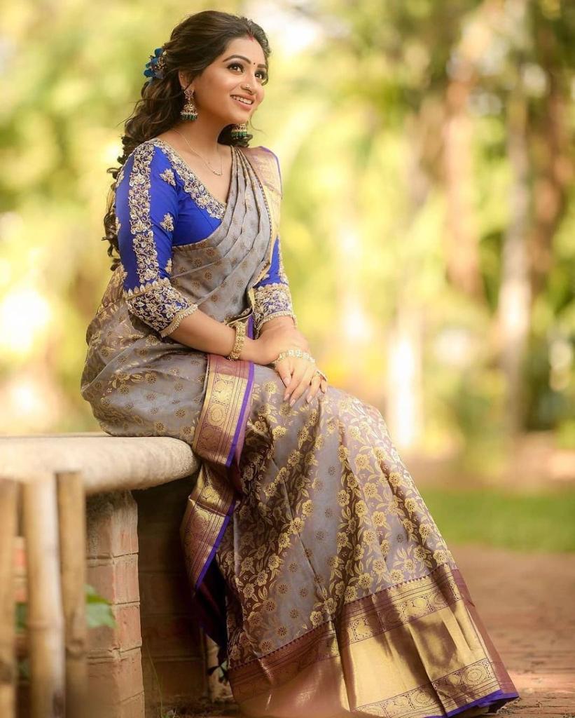 Mustard Blue Tussar Silk Saree